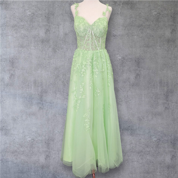NWT Vine Dress with Semi-Sheer Bodice Corset Back Tulle Light Green Sparkle - Picture 1 of 13